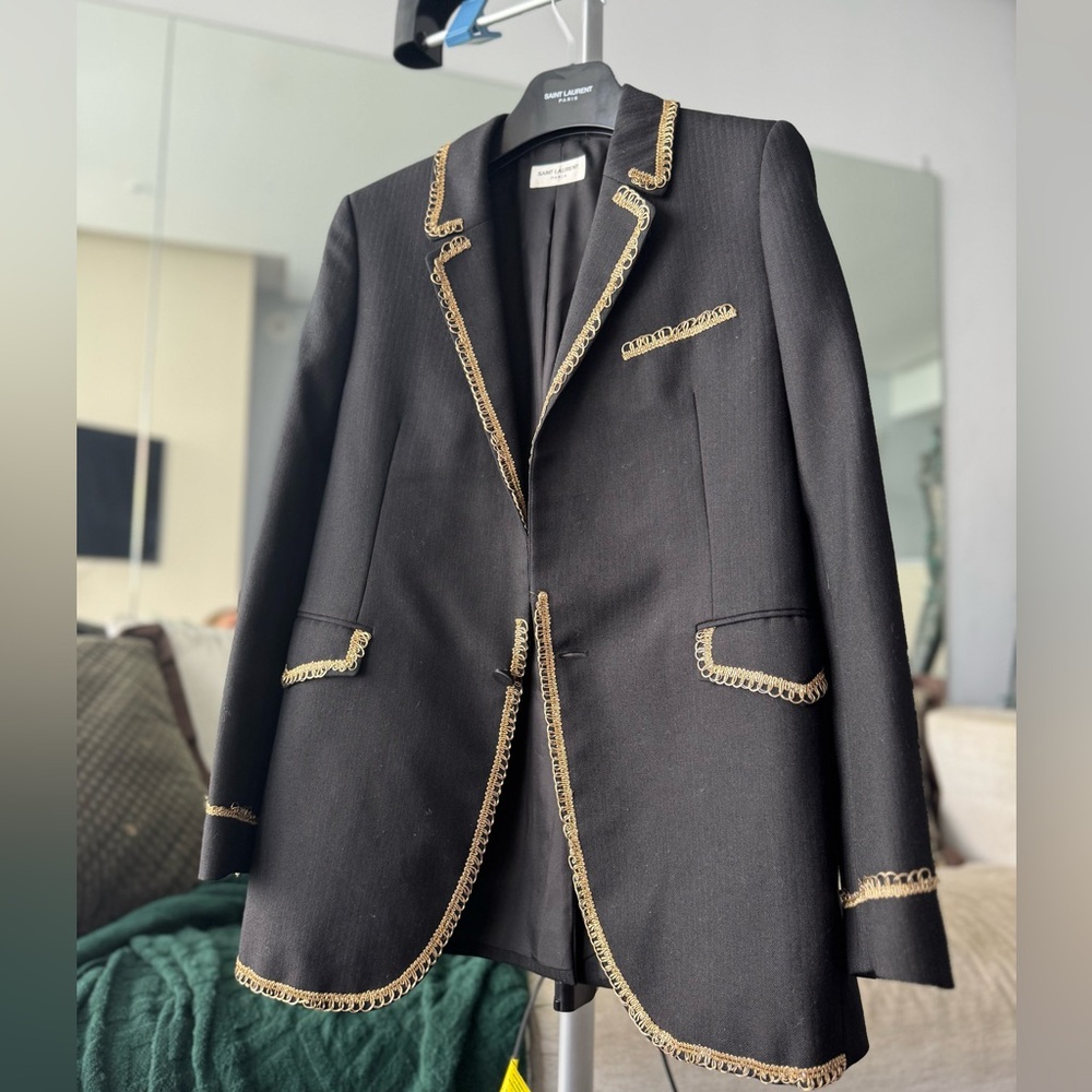Saint Laurent Women’s Black Blazer with Gold Braiding - Size 40, Wool